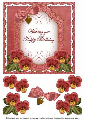 Red Pansy Happy Birthday Fancy 7in Decoupage Topper
