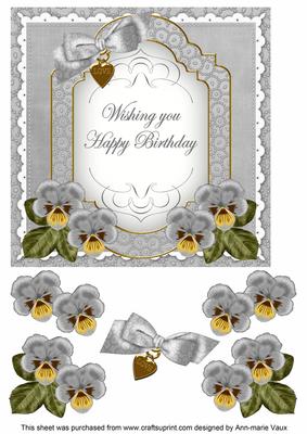 Silver Pansy Happy Birthday Fancy 7in Decoupage Topper
