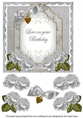 Silver Rose Love on Birthday Fancy 7in Decoupage Topper