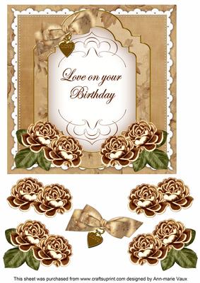 Vintage Tea Rose Love on Birthday Fancy 7in Decoupage Topper