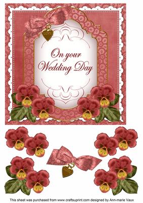 Dark Red Pansy Wedding Day Fancy 7in Decoupage Topper