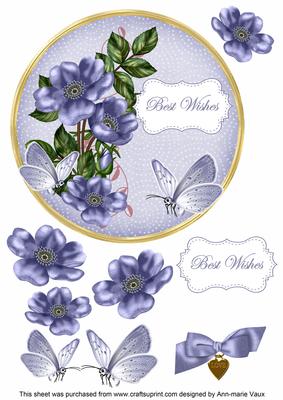 Blue Wild Rose Best Wishes 7in Circle Decoupage Topper