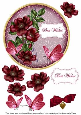 Hot Pink Wild Rose Best Wishes 7in Circle Decoupage Topper