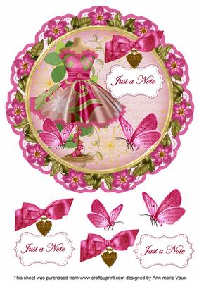 Cerise Floral Dress Just a Note 8in Doily Decoupage Topper
