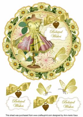 Lemon Floral Dress Belated Wishes 8in Doily Decoupage Topper