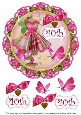 Cerise Floral Dress 40th 8in Doily Decoupage Topper