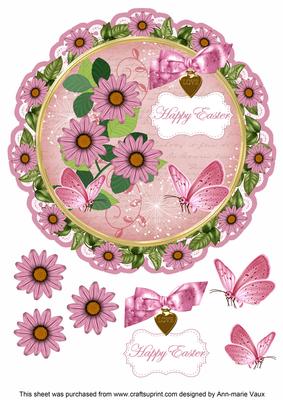 Pink Daisy Happy Easter 8in Doily Decoupage Topper