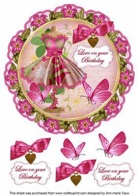 Cerise Dress Love Birthday 8in Doily Decoupage Topper