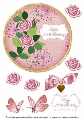 Pink Rose 100th Birthday 7in Circle Decoupage Topper
