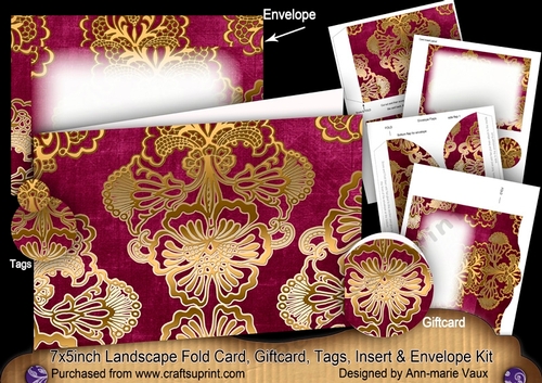 Cerise Gold Damask 7x5inch Landscape Card & Envelope Mini Kit