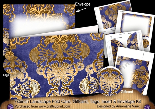 Dark Blue Gold Damask 7x5inch Landscape Card & Envelope Mini Kit
