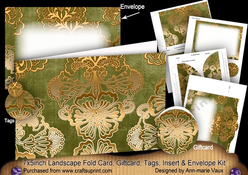 Olive Gold Damask 7x5inch Landscape Card & Envelope Mini Kit