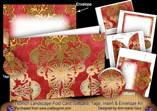 Red Gold Damask 7x5inch Landscape Card & Envelope Mini Kit