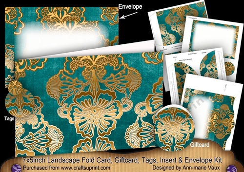 Dusky Teal Gold Damask 7x5inch Landscape Card & Envelope Mini Kit