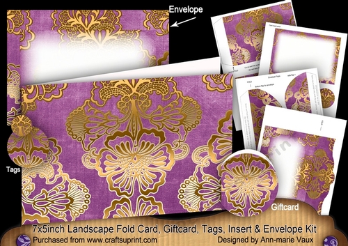 Lilac Gold Damask 7x5inch Landscape Card & Envelope Mini Kit
