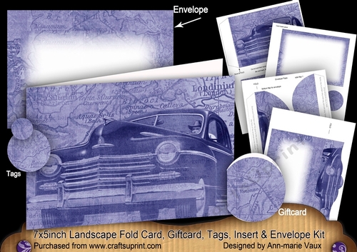 Blue Vintage Car 7x5inch Landscape Card & Envelope Mini Kit