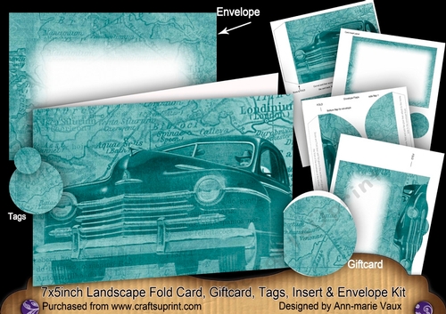 Dusky Teal Vintage Car 7x5inch Landscape Card & Envelope Mini Kit