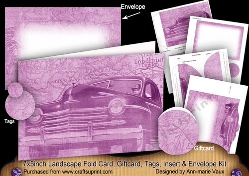 Lilac Vintage Car 7x5inch Landscape Card & Envelope Mini Kit
