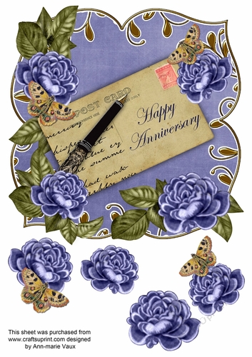 Dark Blue Rose Happy Anniversary 8in Fancy Rose Topper