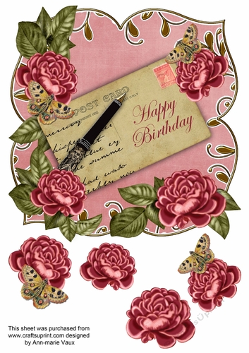 Deep Pink Rose Happy Birthday 8in Fancy Rose Topper