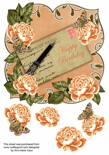 Peach Rose Happy Birthday 8in Fancy Rose Topper