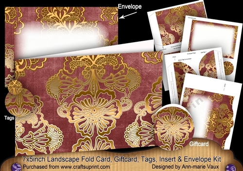 Dusky Pink Gold Damask 7x5inch Landscape Card & Envelope Mini Kit