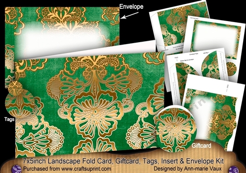 Green Gold Damask 7x5inch Landscape Card & Envelope Mini Kit