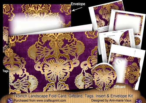 Purple Gold Damask 7x5inch Landscape Card & Envelope Mini Kit