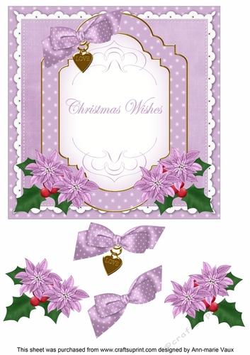 Lilac Poinsettia Christmas Wishes Fancy 7in Decoupage Topper