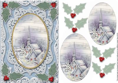 Christmas Blue Church A5 Lace Card Front Step by Step