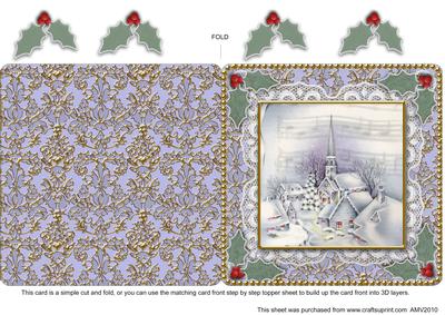 Christmas Blue Village Lace N Damask Square Folded Card