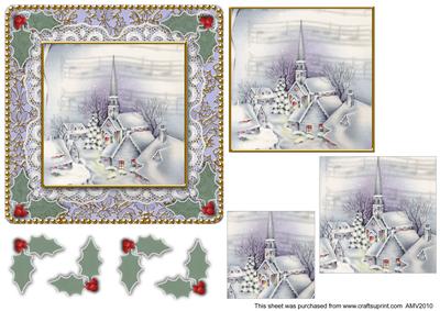Christmas Blue Village Lace N Damask Square Card Front