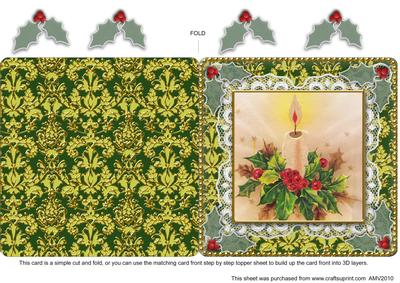 Christmas Candle 3 Lace Damask Square Folded Card