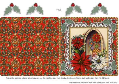Christmas Red Poinsettias Lace Damask Square Folded Card