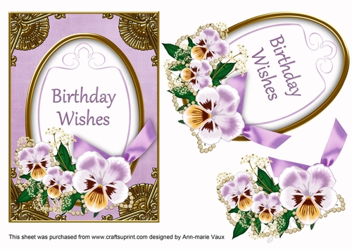 Lilac Pansy Birthday Wishes 7x5in Oval Decoupage Topper