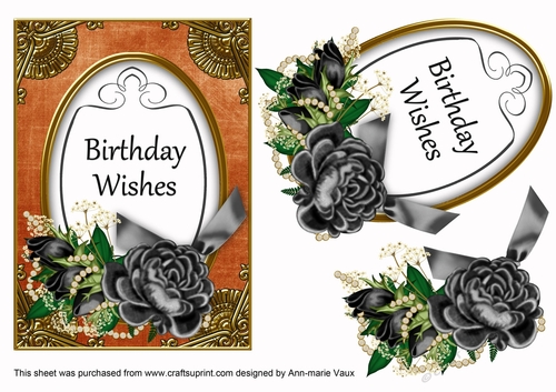 Black Rose Birthday Wishes 7x5in Oval Decoupage Topper