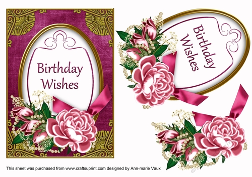 Cerise Rose Birthday Wishes 7x5in Oval Decoupage Topper