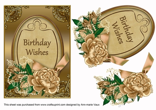 Coffee Gold Rose Birthday Wishes 7x5in Oval Decoupage Topper