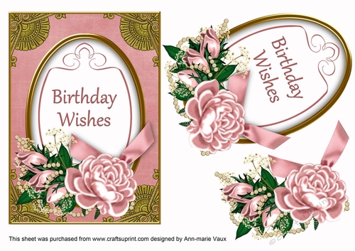 Pink Rose Birthday Wishes 7x5in Oval Decoupage Topper