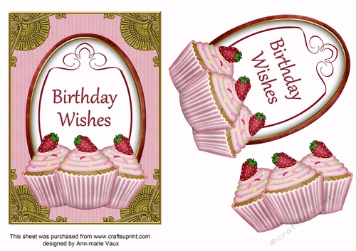 Pink Strawberry Cupcake Birthday Wishes 7x5in Oval Decoupage Topper