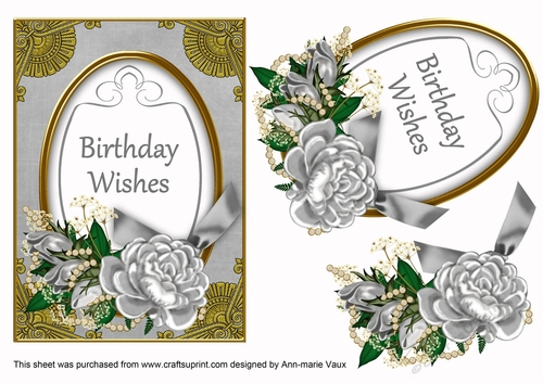 Silver Rose Birthday Wishes 7x5in Oval Decoupage Topper