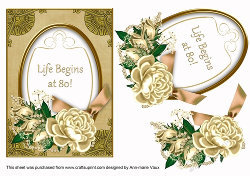 Cream Rose Life Begins at 80! 7x5in Oval Decoupage Topper