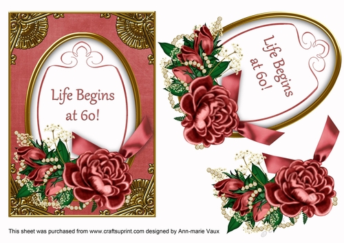 Red Rose Life Begins at 60 7x5in Oval Decoupage Topper