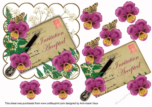Cerise Pansy Invitation Accepted Ink Saver 6in Decoupage Step by Step