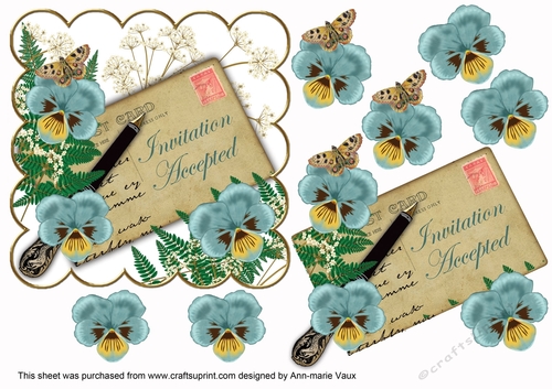 Dusky Teal Pansy Invitation Accepted Ink Saver 6in Decoupage Step by Step