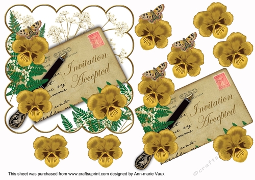 Gold Pansy Invitation Accepted Ink Saver 6in Decoupage Step by Step