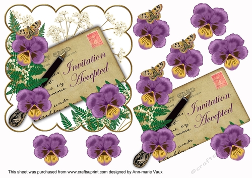 Purple Pansy Invitation Accepted Ink Saver 6in Decoupage Step by Step