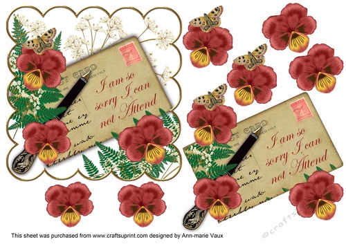 Dark Red Pansy I can not Attend Ink Saver 6in Decoupage Step by Step