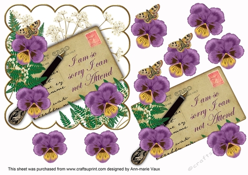 Purple Pansy I can not Attend Ink Saver 6in Decoupage Step by Step