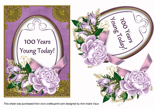 Lilac Rose 100 Years Young 7x5in Oval Decoupage Topper